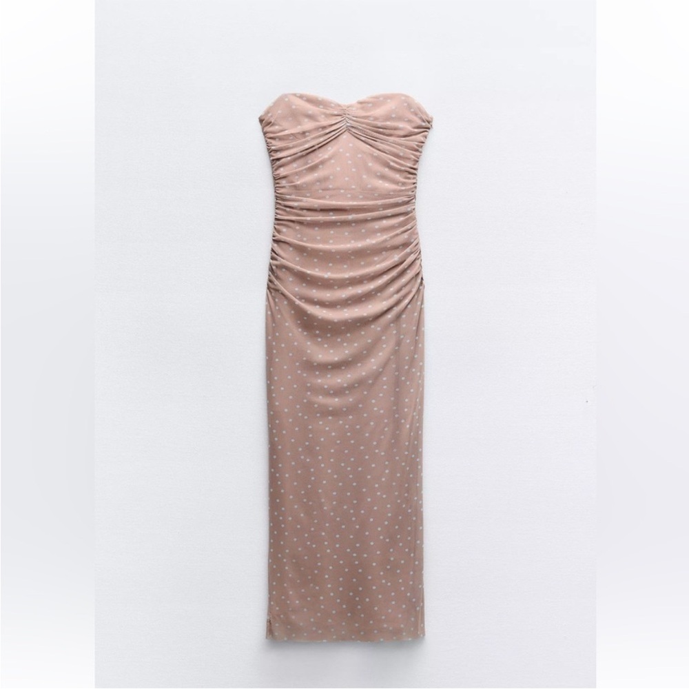 Zara Strapless Maxi Dress in Tan with Polka Dots